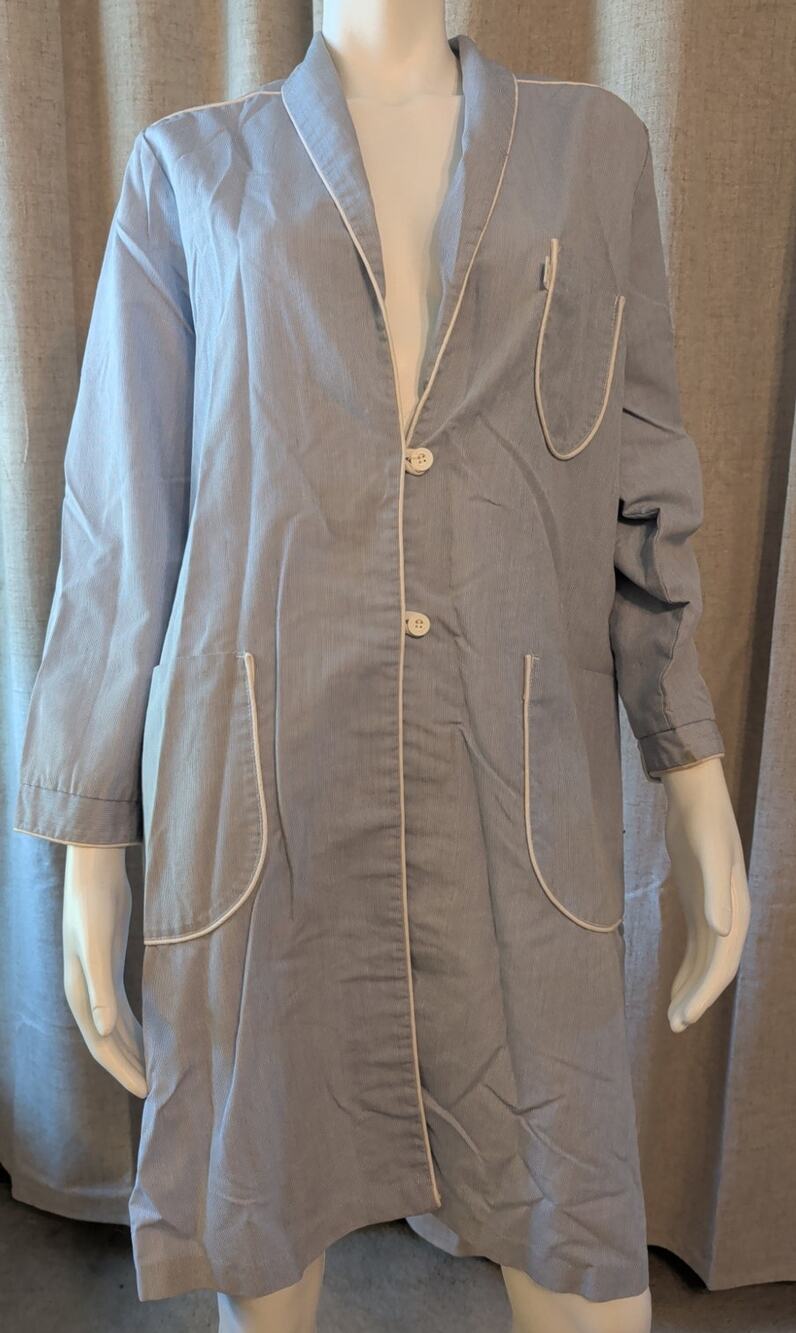 VTG 50s Cotton Smock Jacket Dr. Lab Coat Hopkins Pinstripe Blue w/ White Piping